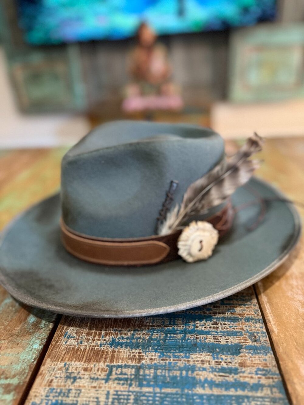 American Hat Makers Olive Felt Wide Brim Fedora XL Leather Feather